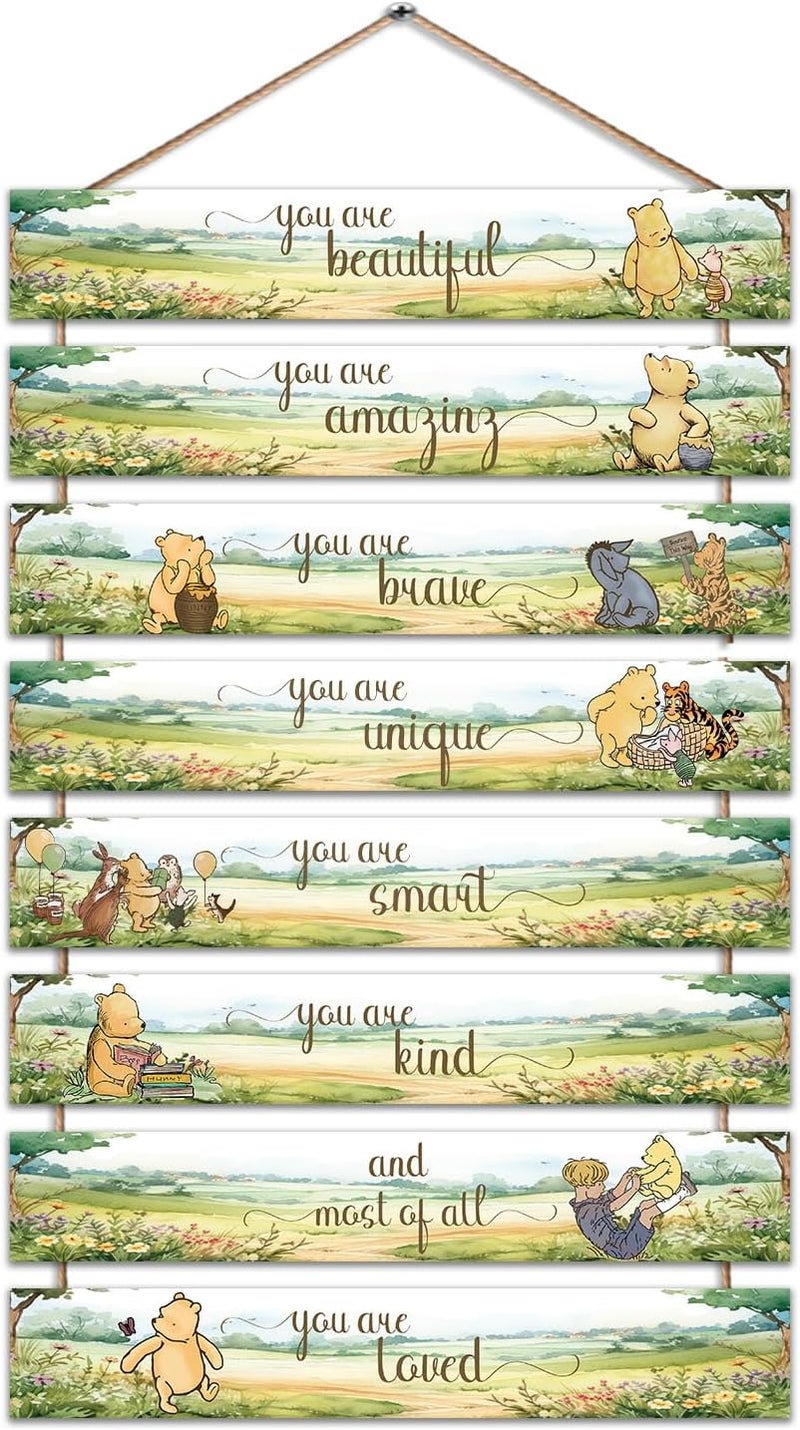 Hatzelou the Pooh You are Beautiful Brave Inspirational Sign, 8Pcs Winnie Wooden Wall Signs, Cute Baby Shower Wall Art Decorations, Classic Pooh Birthday Party Baby Shower Party Supplies 11.8 * 1.9IN - Image 1